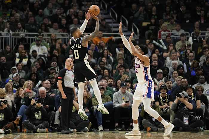  Milwaukee Bucks guard Damian Lillard (0) shoots over Philadelphia 76ers forward Tobias Harris (12) 